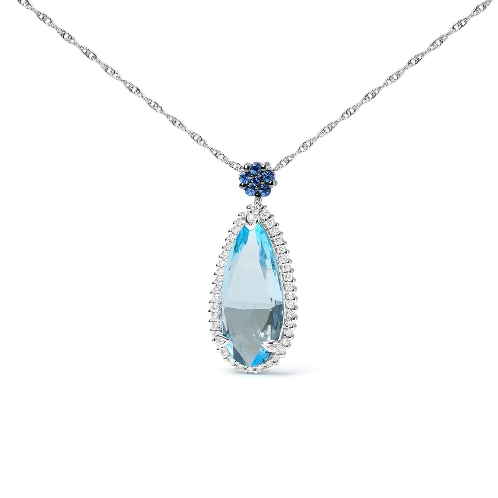 18K White Gold 3/8 Cttw Pave Set Diamond and Sky Blue Topaz and Blue Sapphire Gemstone Floral Teardrop Halo 18" Pendant Necklace (G-H Color, SI2-I1 Clarity)