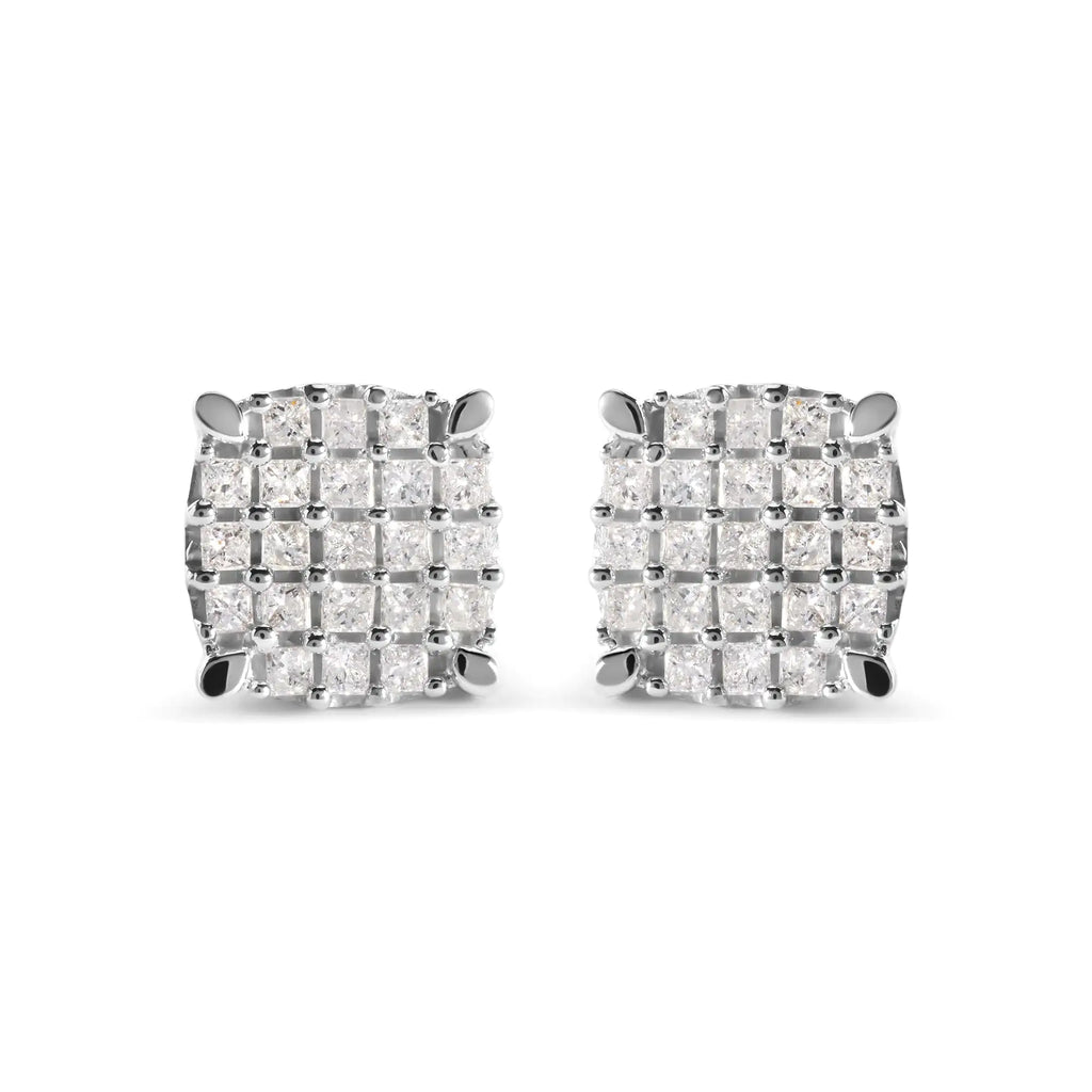 10K White Gold 3/4 Cttw Princess Diamond Composite Cushion Shape Stud Earrings (I-J Color, I1-I2 Clarity)