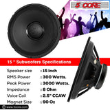 5Core 15 Inch Subwoofer Speaker 3000W Peak 8Ohm Replacement DJ Sub Woofer 90 Oz Magnet