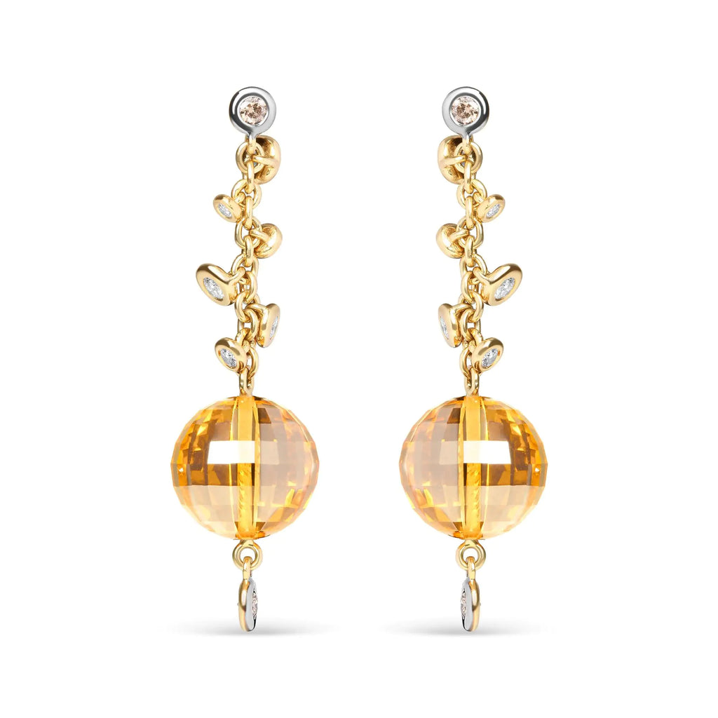 18K Yellow Gold 2/3 Cttw Round Bezel Diamond and 25mm Ball Shaped Yellow Citrine Gemstone Dangle Stud Earring (Brown and G-H Color, SI1-SI2 Clarity)