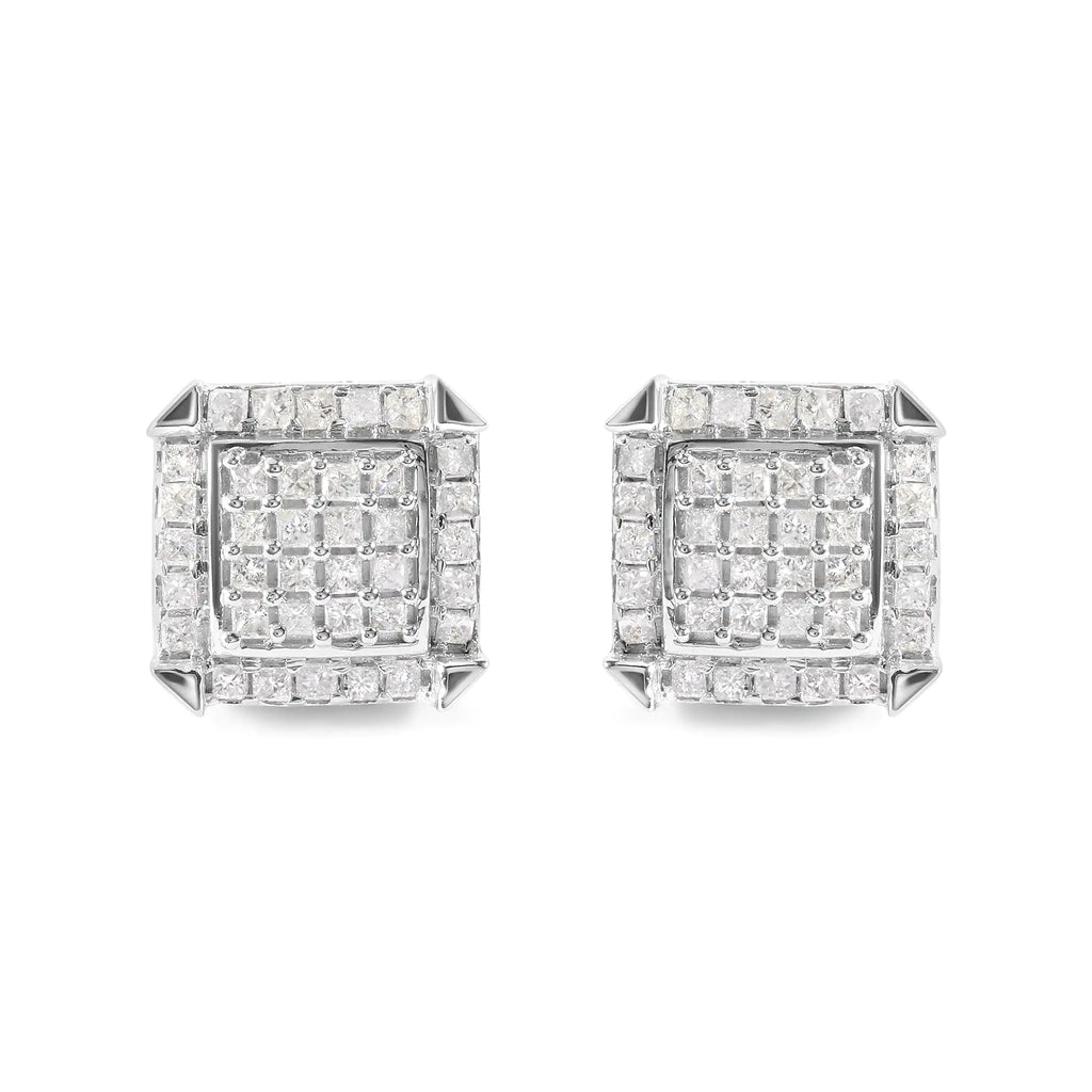 10K White Gold 1 1/10 Cttw Princess Diamond Composite and Halo Stud Earrings (I-J Color, I1-I2 Clarity)