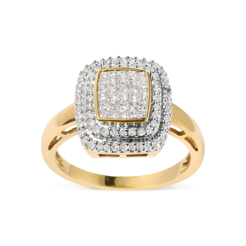 10K Yellow Gold 1/2 cttw Round and Princess Diamond Composite Head and Halo Ring (H-I Color, SI1-SI2 Clarity)